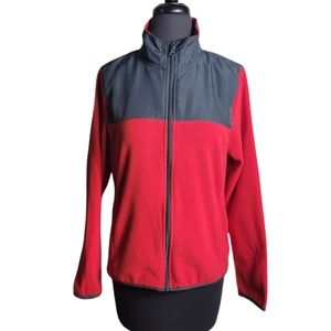 Emily B. red gray zip up high neck fleece jacket size medium